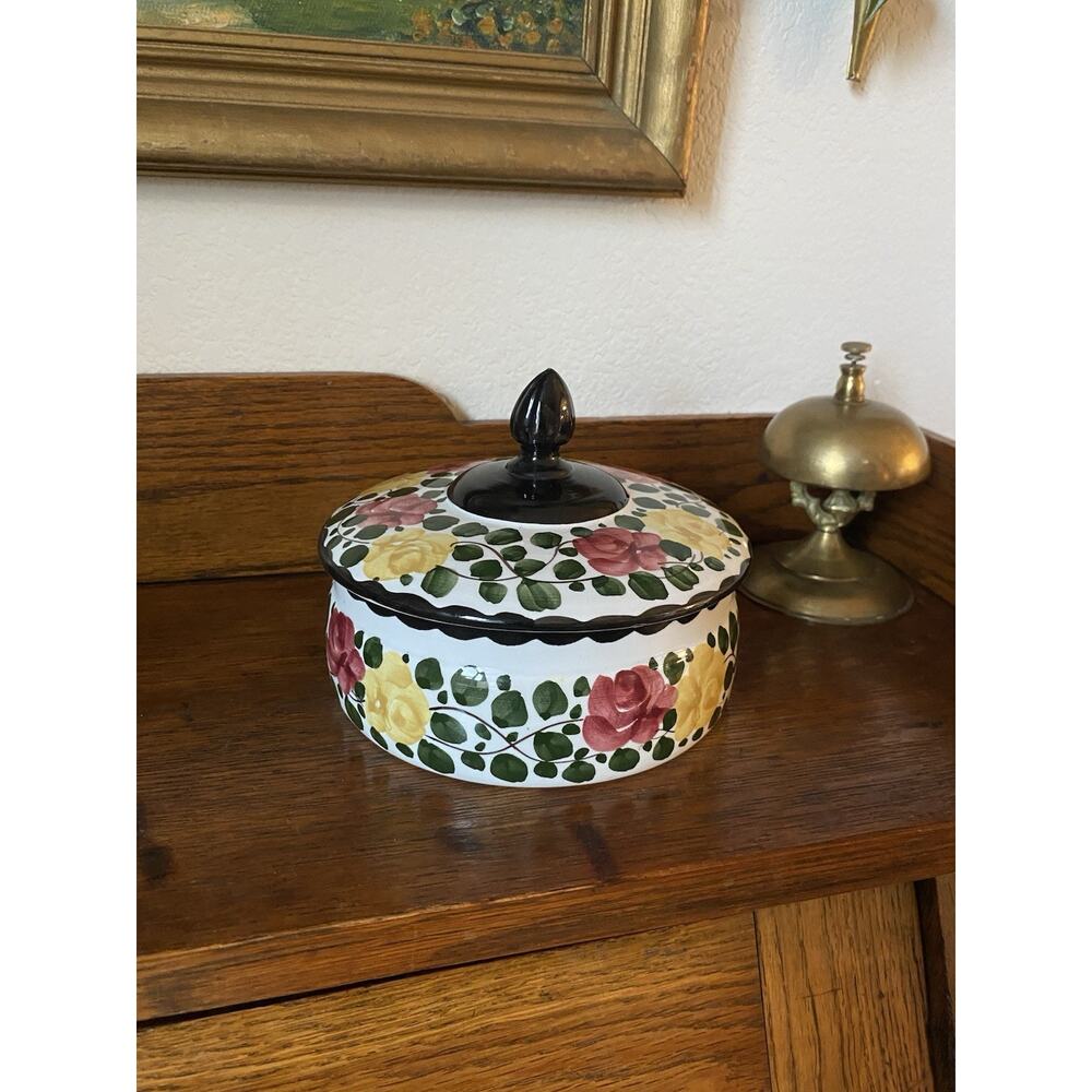 Vintage Hand Painted German Pottery Dish Lidded Floral Dish Made In Germany